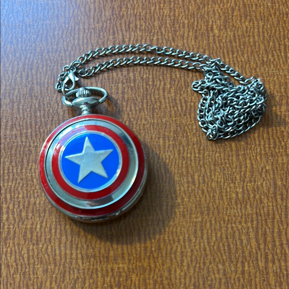 Captain America Red and Blue Star‎ Pocket Watch Necklace